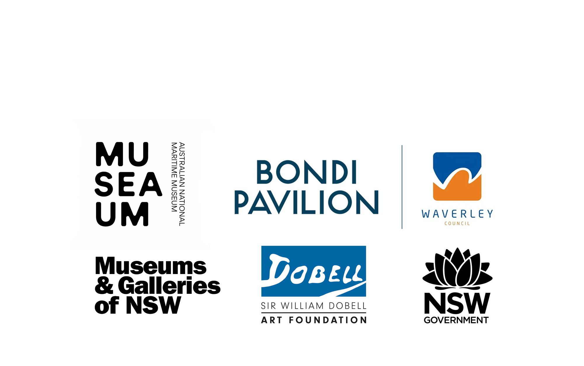 A screen of logos acknowledging Waverley Council, Bondi Pavilion, The Australian National Maritime Museum, Museums and Galleries of NSW, the Sir William Dobell Art Foundation and the NSW Government. 