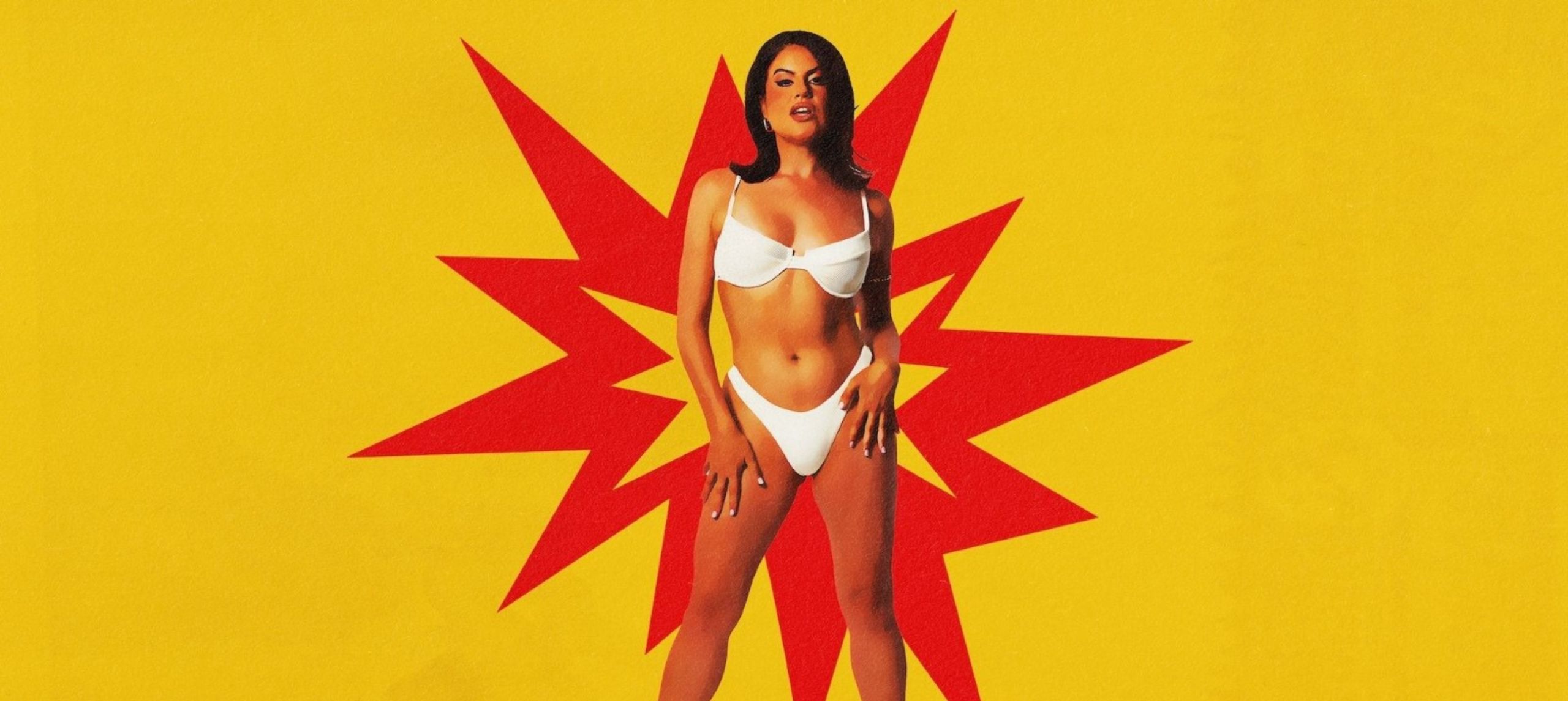 ELOUISE EFTOS wearing white bikini on yellow vintage background with red star background