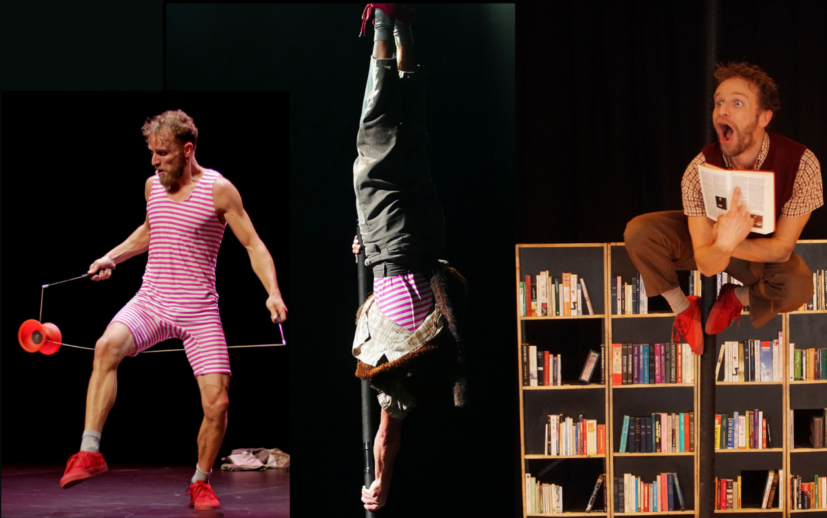 A series of images where the actor is juggling, hanging from a pole and jumping up in front of a bookcase full of books.