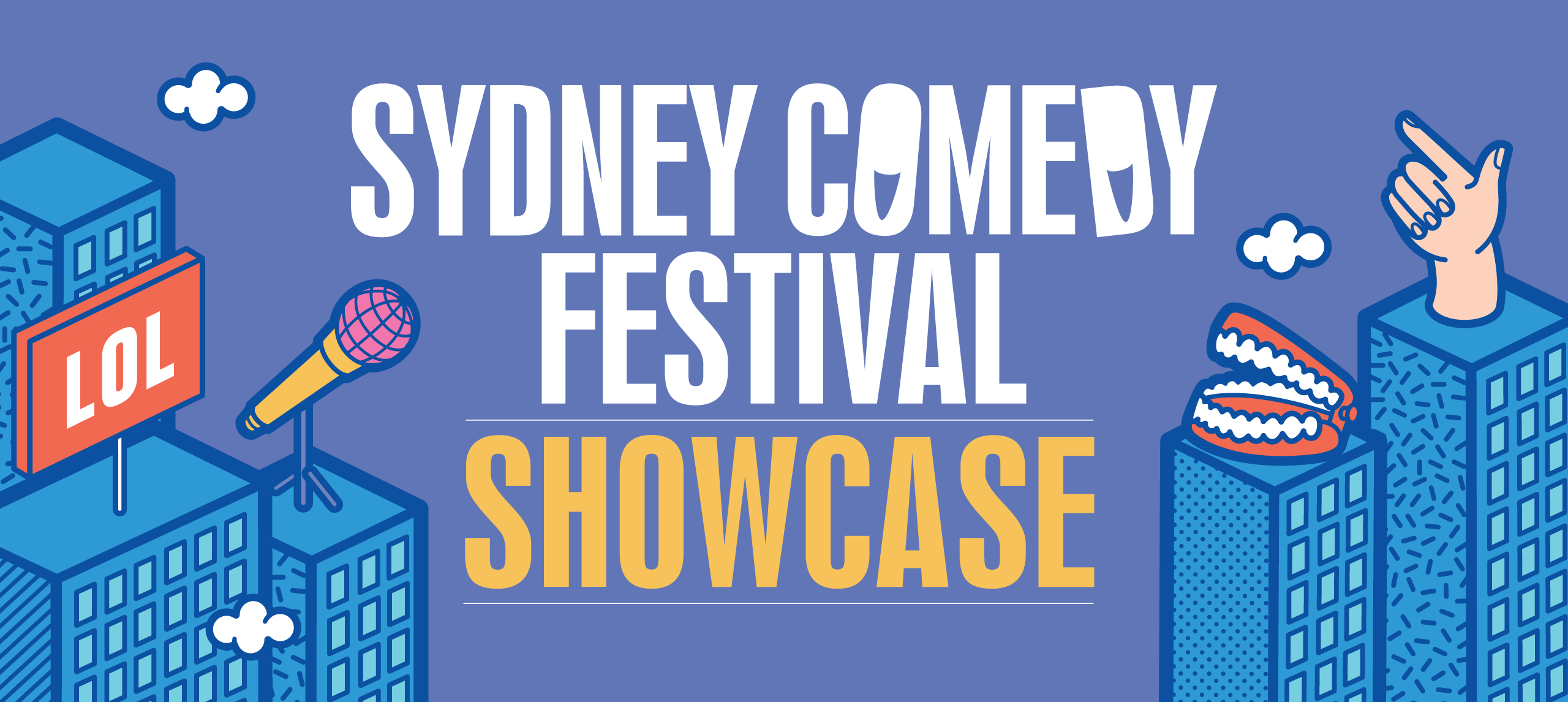 Sydney Comedy Festival Showcase 2025 written in white letters on blue background