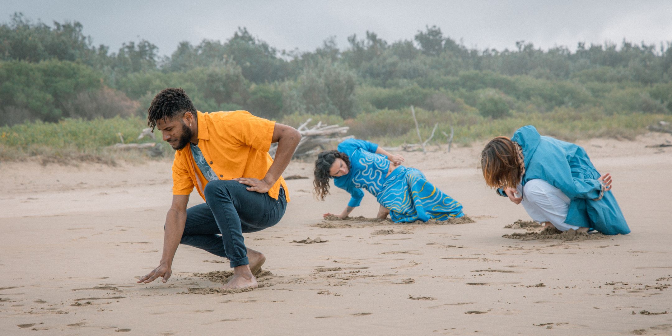 Three dancers on a beach.  They are dancing on their haunches, all facing the same direction