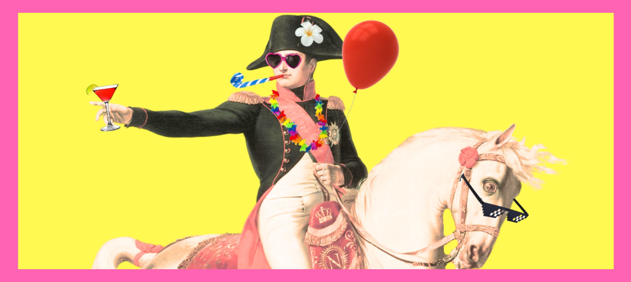 Napolean look alike riding a white horse holding a cosmo martini, a balloon, hawaiian lei, heart sunglasses