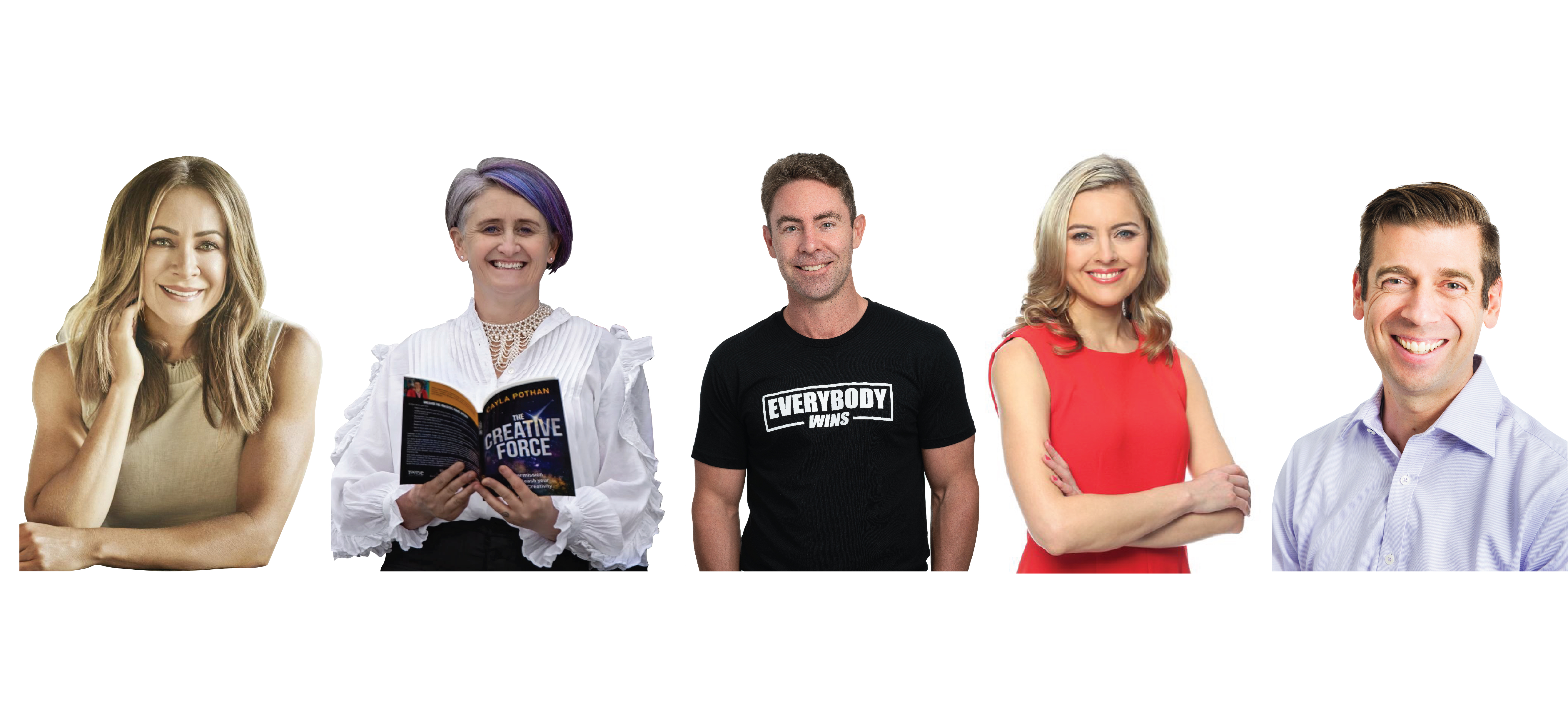 Four headshots of people from left to right Michelle Bridges, Cayla Pothan, Dave Barrie, Gemma Acton & Dr Justin Coulson