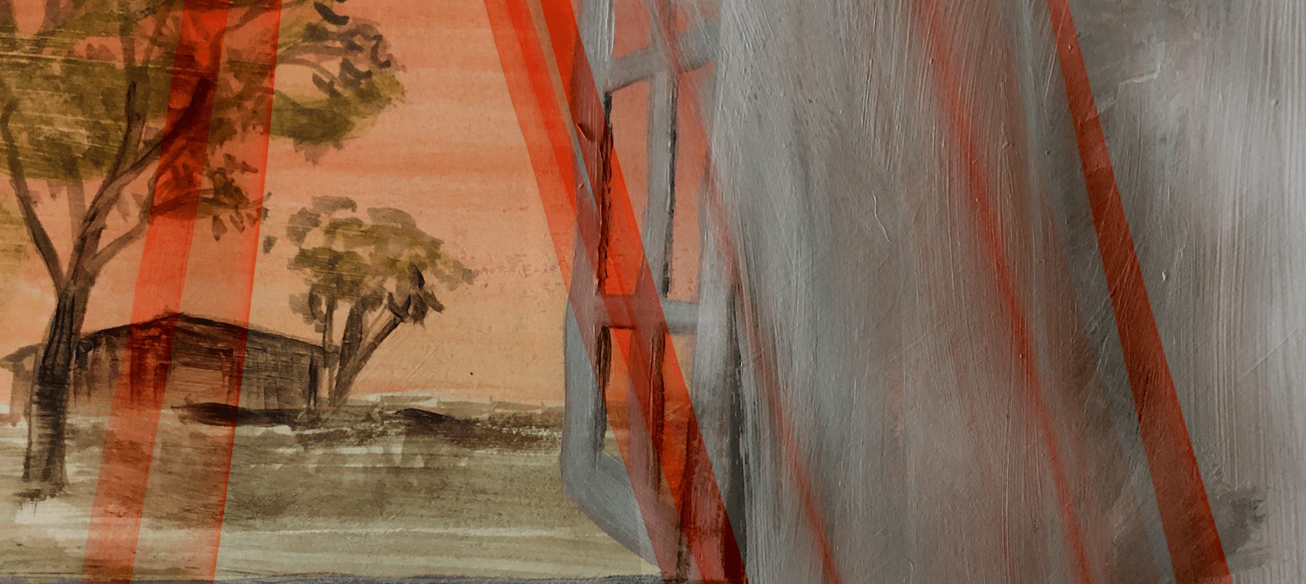 Abstract painting small house in field on far left with two bushy trees and some orange opaque stripes and orange sky