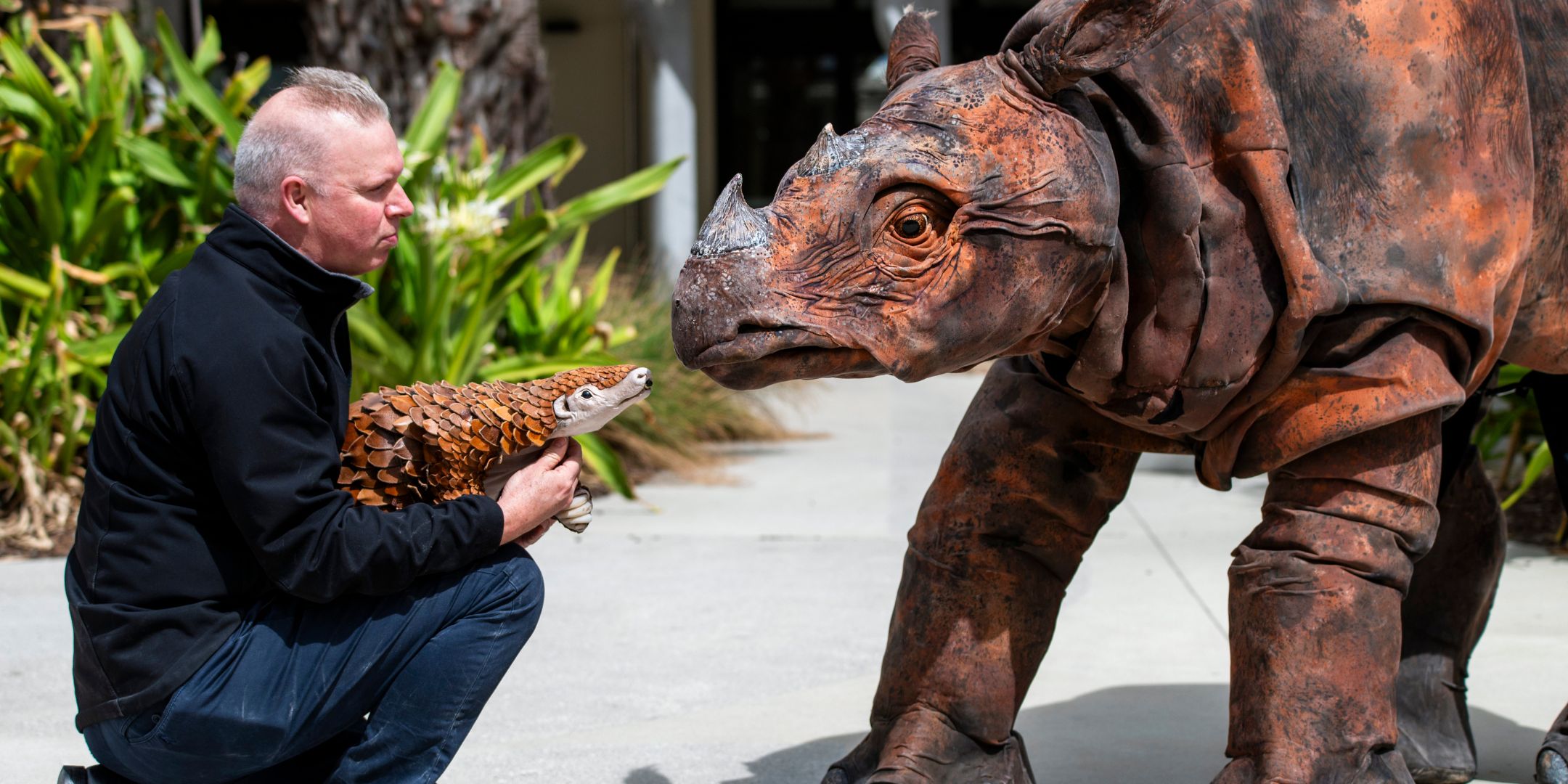 Large puppet rhino with person crouching down looking at it