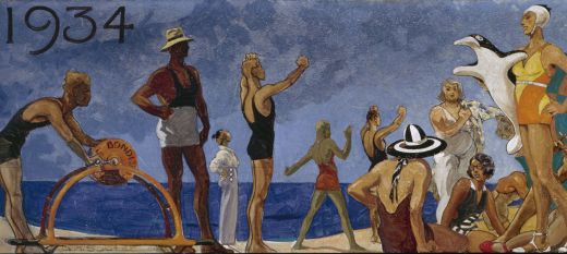 A cropped photograph of a painted mural depicting beachgoers engaged in leisure activities on a crowded beach. The piece is a panoramic with all figures depicted from eye height. Moving from left to right, the piece depicts a man at a lifesaving reel, a beach inspector looking out to sea, a woman in a white leisure suit in the distance, lifesavers threading a rope of the life saving real, two women sitting, another putting on a floral jacket and another woman holding a penguin flotation device. They are all in 1930s swimwear. 